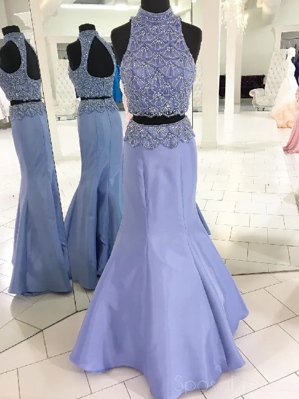 Tulip skirt casual maxi dress-Sexy Open Back Two Pieces Lilac Halter Beading Custom Long Evening Prom Dresses, 17376