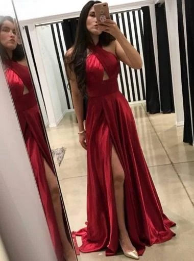 Spaghetti strap summer maxi dress-Sexy Red Backless Halter Side Slit Long Evening Prom Dresses, 17596