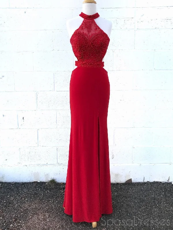 Casual beach maxi dress-Sexy Red Lace Halter Backless Mermaid Long Evening Prom Dresses, 17552