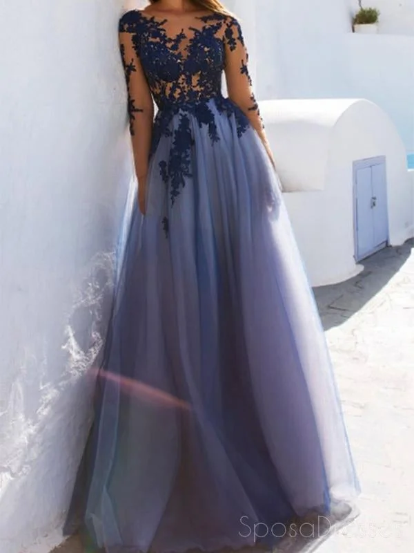 Tulip hem summer maxi dress-Sexy See Through Blue Lace Long Sleeve Open Back Custom Long Evening Prom Dresses, 17482