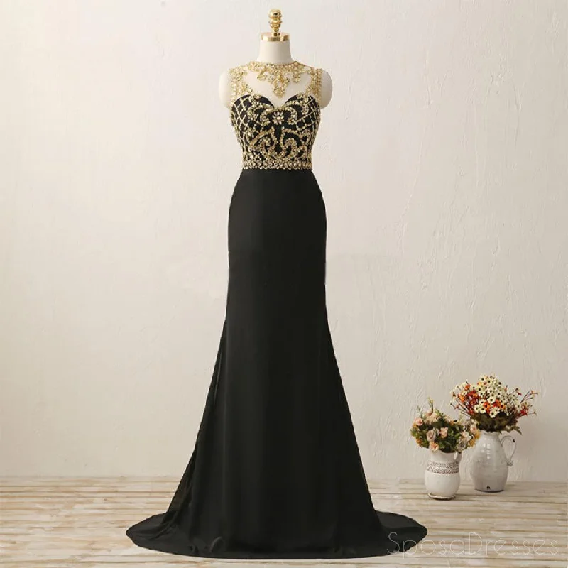 Metallic thread formal maxi dress-Sexy See Through Gold Heavily Beaded Black Evening Prom Dresses, Popular 2018 Party Prom Dresses, Custom Long Prom Dresses, Cheap Formal Prom Dresses, 17203