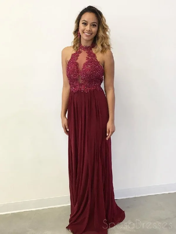 Tie-dye casual maxi dress-Sexy See Through Lace Beaded Halter Maroon Custom Long Evening Prom Dresses, 17381