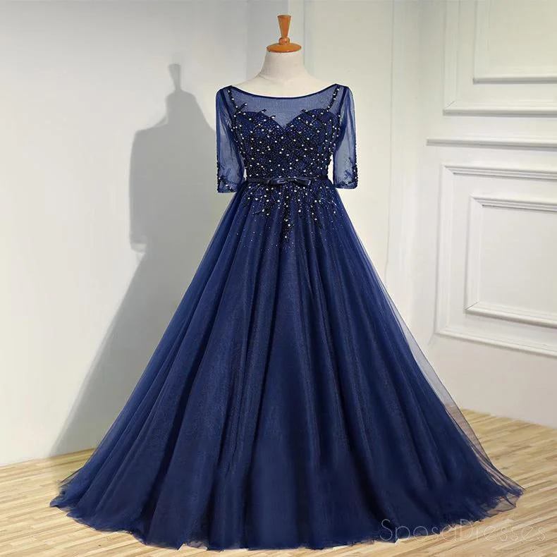 Denim fabric casual maxi dress-Sexy See Through Long Sleeve Navy Lace Beaded Long Evening Prom Dresses, Popular Cheap Long 2018 Party Prom Dresses, 17231