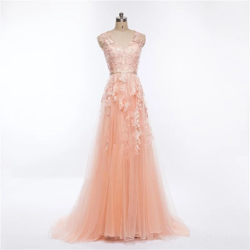 Flowy skirt beach maxi dress-Sexy See Through V Neckline Peach Long Evening Prom Dresses, Popular Cheap Long 2018 Party Prom Dresses, 17224