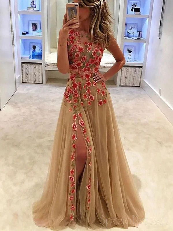 Knot front summer maxi dress-Sexy Side Slit Lace Scoop Neckline Long Evening Prom Dresses, Popular Cheap Long Party Prom Dresses, 17312