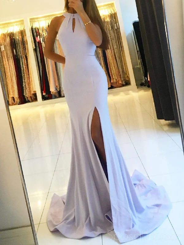 Adjustable waist summer maxi dress-Sexy Side Slit Mermaid Halter Lilac Floor Length Custom Long Evening Prom Dresses, 17368