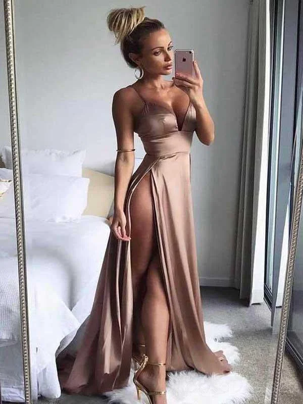 Smocked bodice boho maxi dress-Sexy Side Slit Spaghetti Straps Long Evening Prom Dresses, 17699