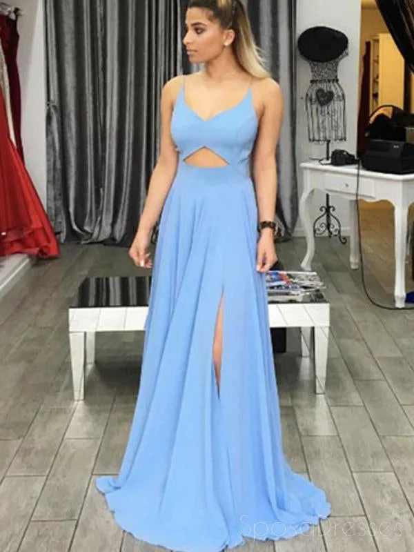 Trumpet sleeve maxi dress-Sexy Simple Backless Blue Side Slit Long Evening Prom Dresses, 17586