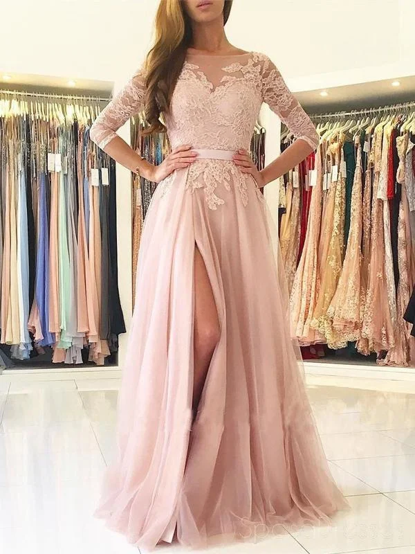 Cascading ruffle formal maxi dress-Sexy Split Blush Pink Long Sleeve Lace Evening Prom Dresses, Sexy Party Prom Dresses, 17141