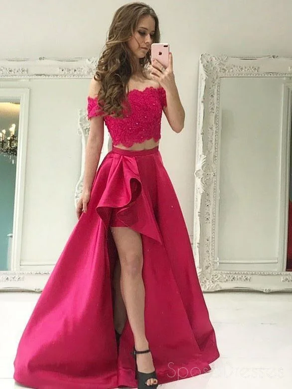 Cap sleeve summer maxi dress-Sexy Two Pieces Applique Off Shoulder High Low Custom Evening Prom Dresses, 17448