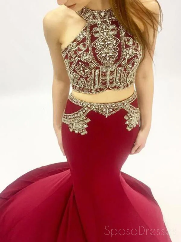 Backless summer maxi dress-Sexy Two Pieces Beaded Dark Red Mermaid Long Evening Prom Dresses, 17571