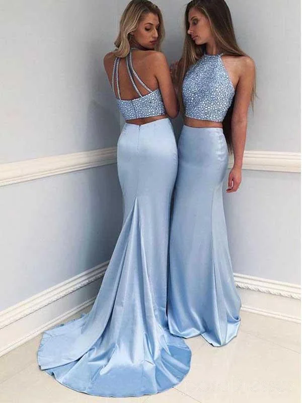 Braided belt casual maxi dress-Sexy Two Pieces Blue Mermaid Halter Long Custom Evening Prom Dresses, 17451