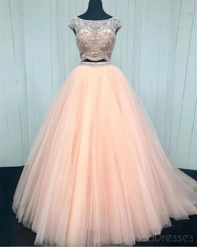 Casual beach maxi dress-Sexy Two Pieces Cap Sleeve Blush Pink Long Evening Prom Dresses, 17343