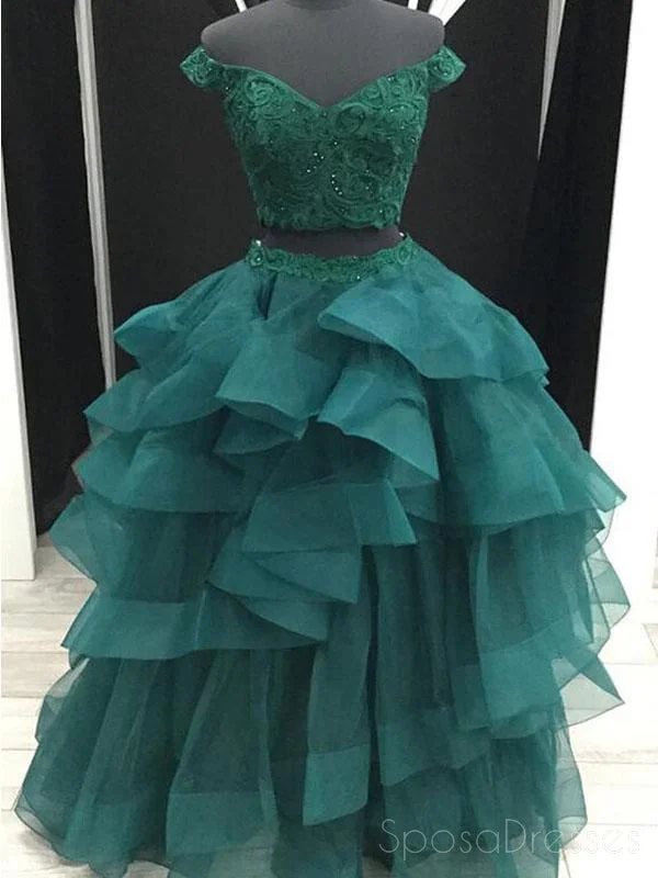 Lace detail maxi dress-Sexy Two Pieces Emerald Green Off Shoulder V Neck Ball Gown Long Custom Evening Prom Dresses, 17414