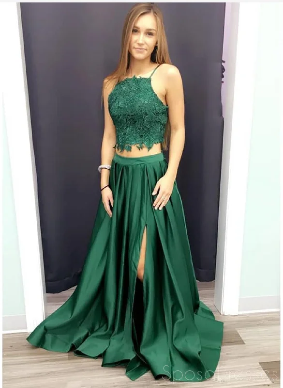 High neckline formal maxi dress-Sexy Two Pieces Emerald Green Side Slit Lace Bodice Long Evening Prom Dresses, Popular Cheap Long Custom Party Prom Dresses, 17319