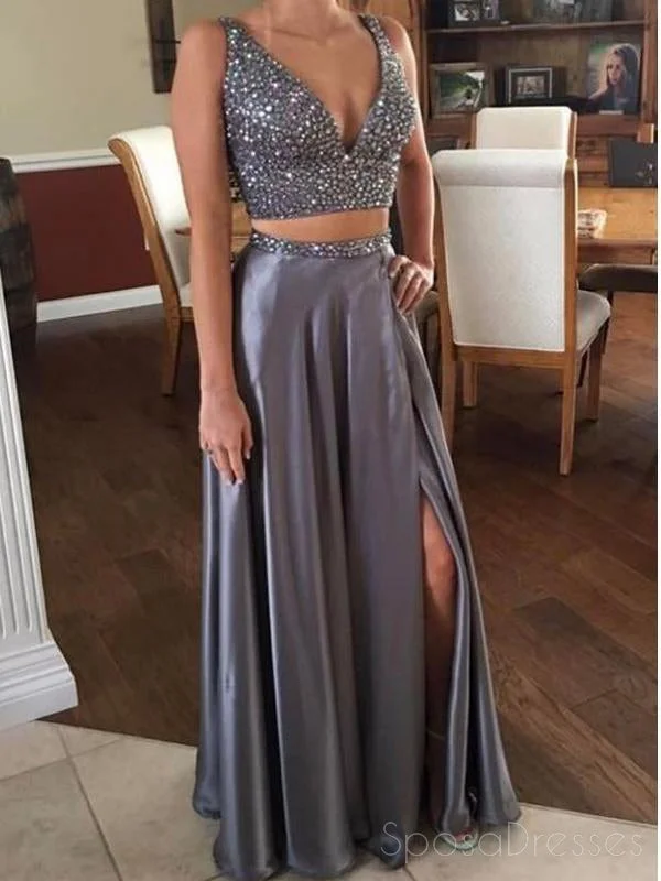 Metallic finish maxi dress-Sexy Two Pieces Grey V Neck Beaded Long Custom Evening Prom Dresses, 17410