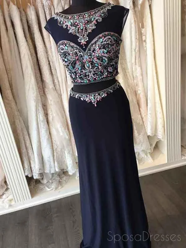 Festive look formal maxi dress-Sexy Two Pieces Heavily Beaded Navy Mermaid Long Cheap Evening Prom Dresses, 17538