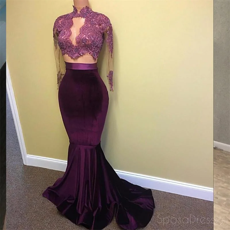 Asymmetrical hemline maxi dress-Sexy Two Pieces Long Sleeve See Through Lace Beaded Evening Prom Dresses, Popular Purple Party Prom Dress, Custom Long Prom Dresses, Cheap Formal Prom Dresses, 17162