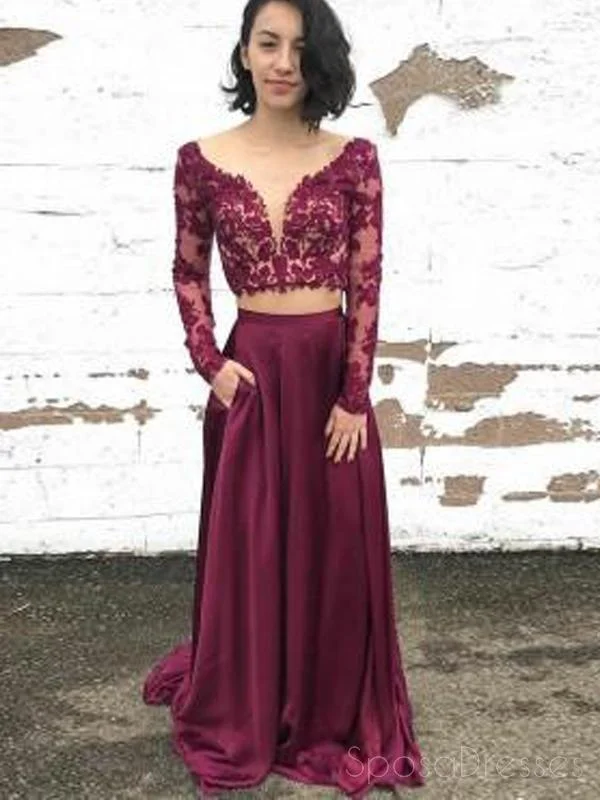 Flowy skirt beach maxi dress-Maroon Two Pieces Long Sleeves Lace Evening Prom Dresses, Cheap Sweet 16 Dresses, 18316