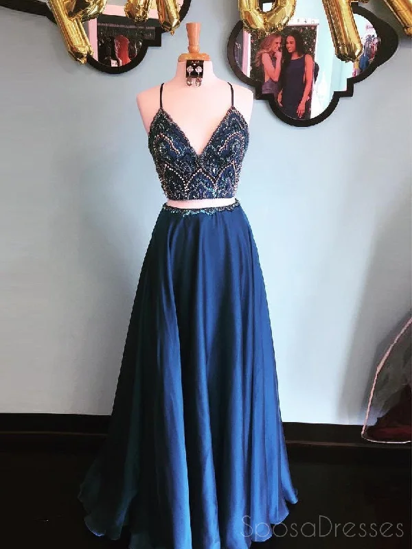 Cutout design casual maxi dress-Sexy Two Pieces Navy Rhinestone Beaded Long Custom Evening Prom Dresses, 17439