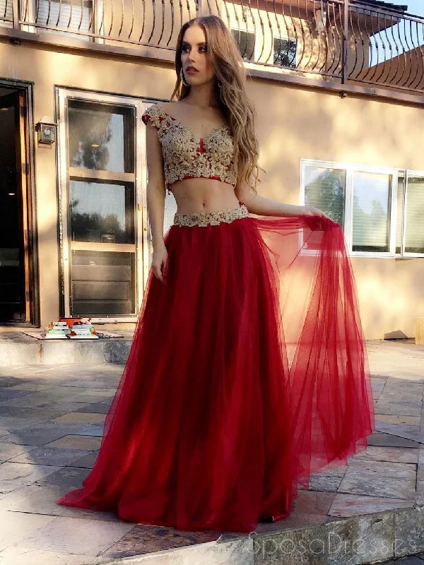 Vintage vibe boho maxi dress-Sexy Two Pieces Off Shoulder Gold Lace Dark Red Skirt Tulle Floor Length Custom Long Evening Prom Dresses, 17373