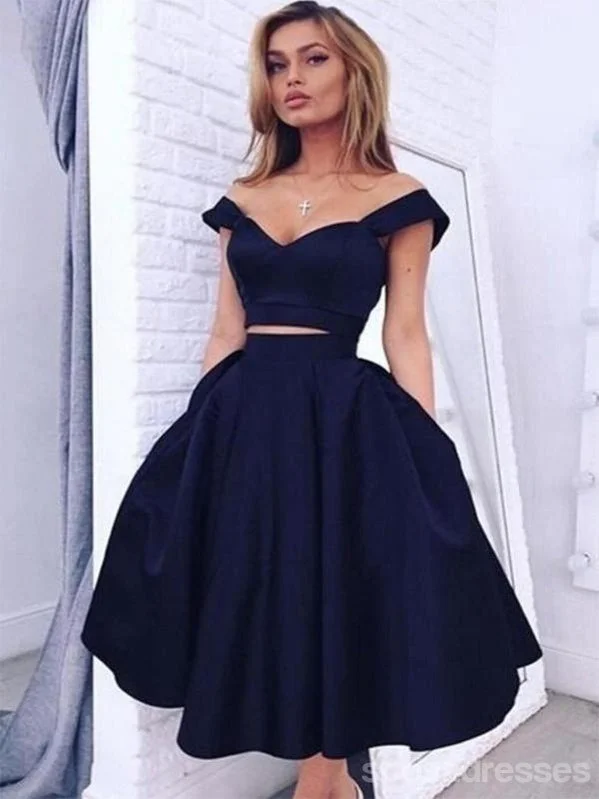 Fringe detail maxi dress-Two Pieces Off Shoulder Navy Blue Homecoming Prom Dresses, Cheap Homecoming Dresses, CM358