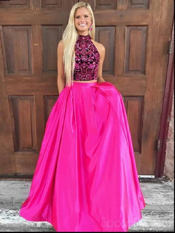 Tulip hem summer maxi dress-Sexy Two Pieces Open Back Halter Beaded A-line Long Evening Prom Dresses, 17687