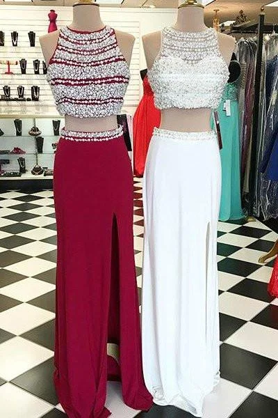 Shirred bodice casual maxi dress-Sexy Two Pieces Red Beaded Evening Prom Dresses, Long Beaded Party Prom Dress, Custom Long Prom Dresses, Cheap Formal Prom Dresses, 17055