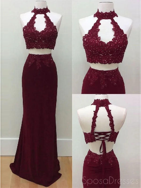 Ruched side beach maxi dress-Sexy Two Pieces Red Lace Beaded Halter Long Custom Evening Prom Dresses, 17402