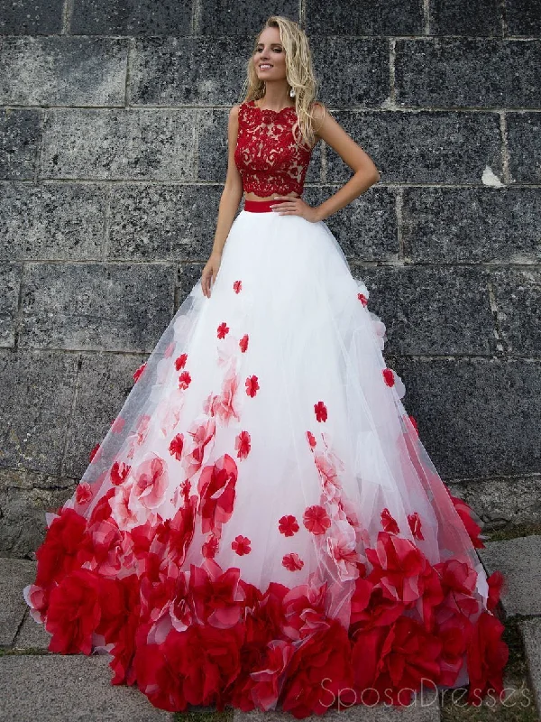 Layered tulle formal maxi dress-Sexy Two Pieces Red Lace White Skirt A line Long Custom Evening Prom Dresses, 17411