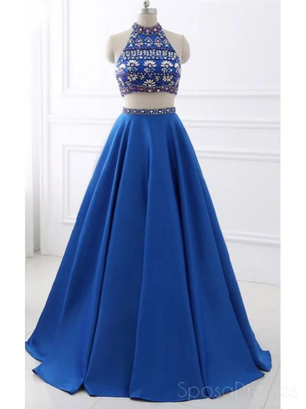 Cap sleeve summer maxi dress-Sexy Two Pieces Rhinestone Open Back Blue Long Evening Prom Dresses, 17656