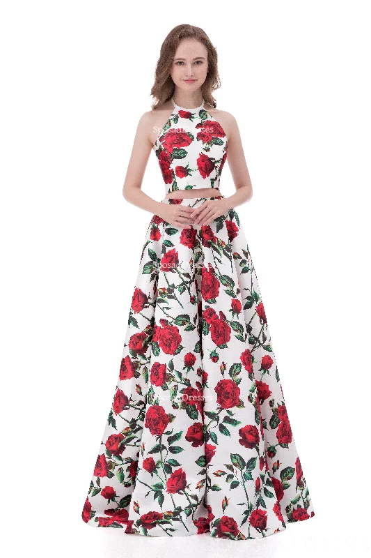 Bishop sleeve beach maxi dress-Sexy Two Pieces Simple Halter Printed Flower Long Evening Prom Dresses, Popular Cheap Long 2018 Party Prom Dresses, 17254