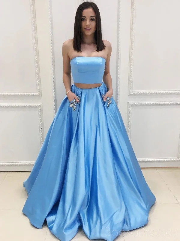 Sweetheart neckline maxi dress-Sexy Two Pieces Strapless Blue A-line Custom Long Evening Prom Dresses, 17383