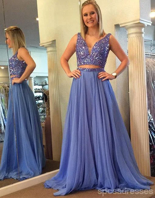 Crisscross back elegant maxi dress-Sexy Two Pieces V Neckline Lavender Tulle Long Evening Prom Dresses, Popular Cheap Long Custom Party Prom Dresses, 17340