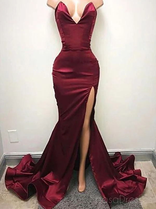 Satin fabric maxi dress-Sexy V Neck Maroon Side Slit Mermaid Long Evening Prom Dresses, 17504