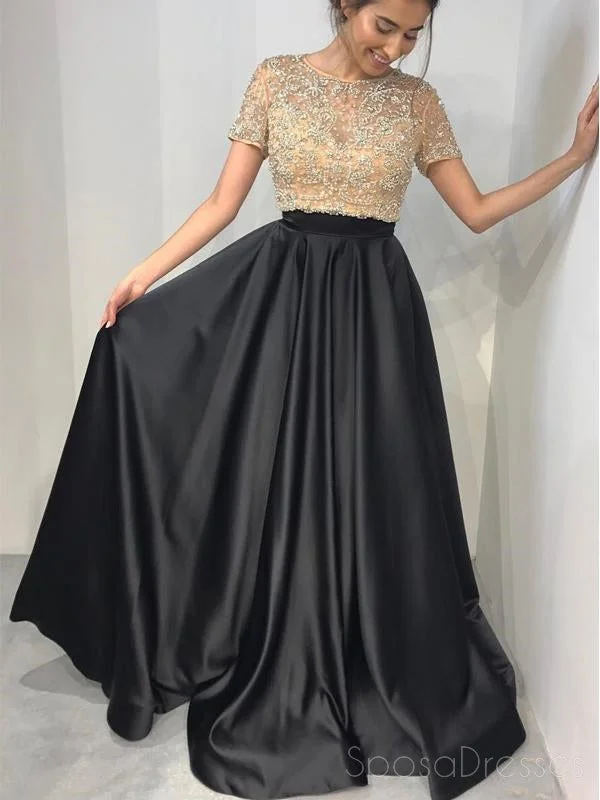 Casual t-shirt summer maxi dress-Short Sleeve Gold Beaded A line Black Long Evening Prom Dresses, 17653