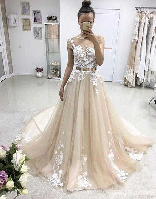 Dolman sleeve formal maxi dress-Short Sleeve Lace Bodice Gold Belt A line Long Evening Prom Dresses, Popular Cheap Long Custom Party Prom Dresses, 17334