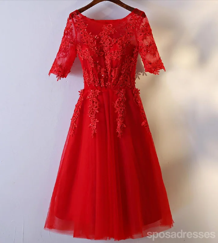 Cutout design casual maxi dress-Short Sleeve Red Lace Round Neckline Short Homecoming Prom Dresses, Affordable Corset Back Short Party Prom Dresses, Perfect Homecoming Dresses, CM248