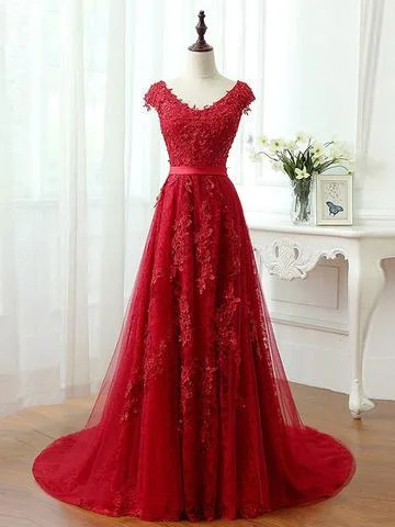 Layered tulle formal maxi dress-Short Sleeve Scoop Neckline Red Lace Beaded Cheap Long Evening Prom Dresses,17308