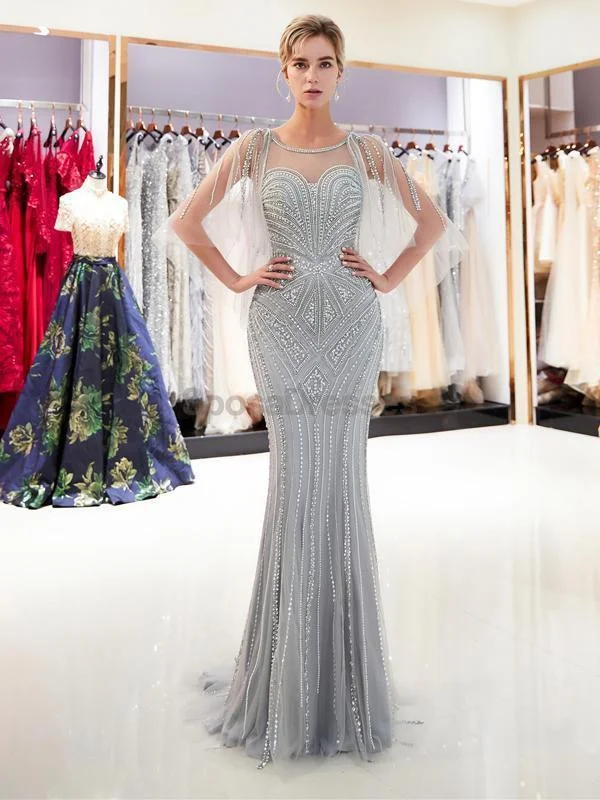 Casual t-shirt summer maxi dress-Silver Rhinestone Beaded Mermaid Evening Prom Dresses, Evening Party Prom Dresses, 12031