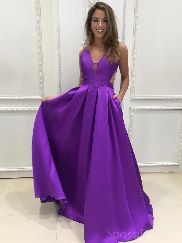 Side pocket casual maxi dress-Simple Affordable Sexy Backless V Neck Purple Long Custom Evening Prom Dresses, 17392