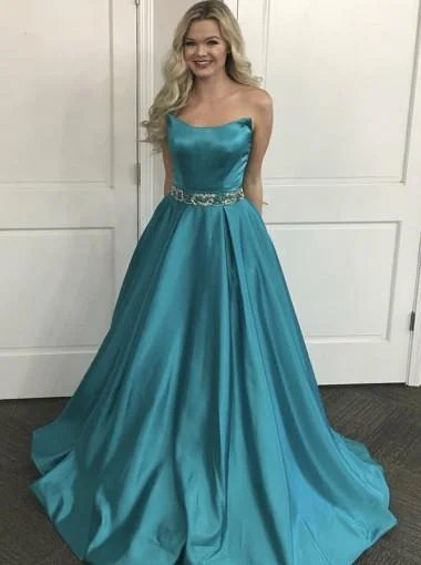 Festive look formal maxi dress-Simple Beaded Belt Turquoise A-line Long Evening Prom Dresses, 17640