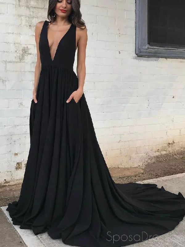 Polka dot retro maxi dress-Simple Black Chiffon Backless Deep V Neck A line Long Custom Evening Prom Dresses, 17404