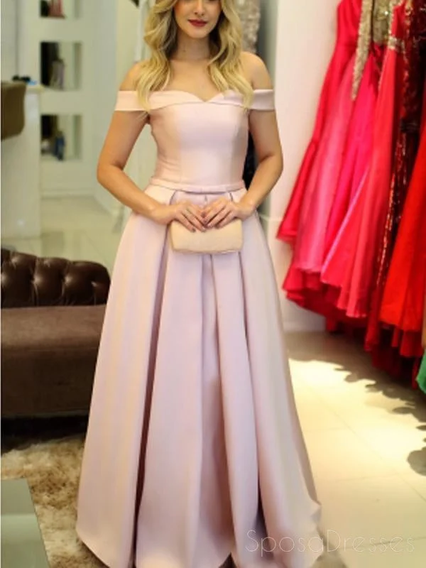 Off-shoulder formal maxi dress-Simple Light Pink Off Shoulder A line Long Evening Prom Dresses, 17511