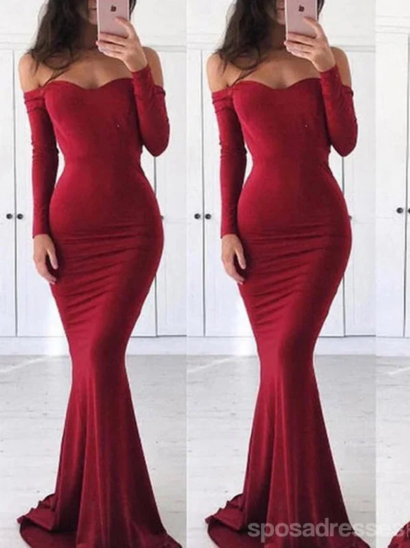 Off-shoulder formal maxi dress-Simple Off Shoulder Long Sleeve Red Mermaid Evening Prom Dresses, Popular Red Party Prom Dresses, Custom Long Prom Dresses, Cheap Formal Prom Dresses, 17201