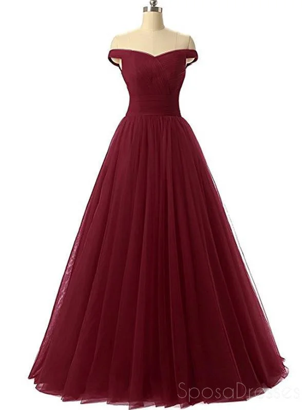 Bell sleeve maxi dress-Simple Off Shoulder Maroon Tulle A-line Long Evening Prom Dresses, 17670