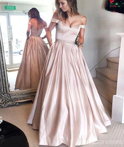 Side pocket beach maxi dress-Simple Off Shoulder Satin Evening Prom Dresses, Popular A line Party Prom Dresses, Custom Long Prom Dresses, Cheap Formal Prom Dresses, 171912