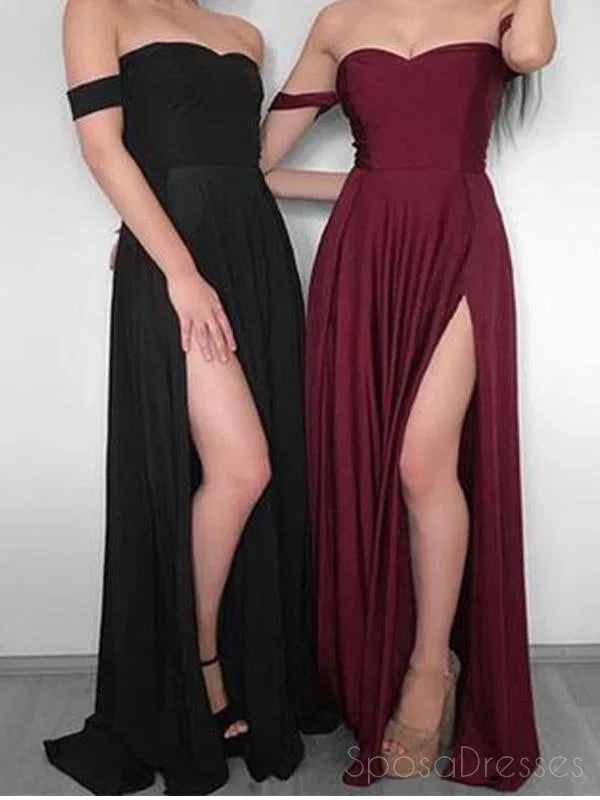 Side zipper boho maxi dress-Simple Off Shoulder Side Slit Maroon Long Evening Prom Dresses, 17700