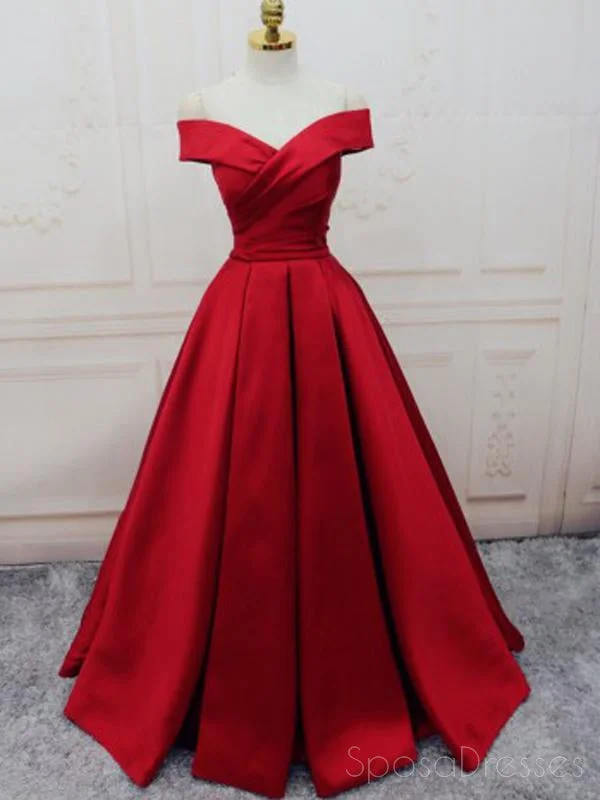 Floral embroidery elegant maxi dress-Simple Red Off Shoulder A line Long Cheap Evening Prom Dresses, 17537