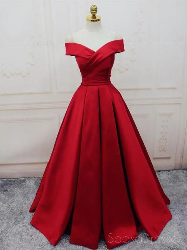 High-low silhouette beach maxi dress-Simple Red Off Shoulder A line Long Custom Evening Prom Dresses, 17418